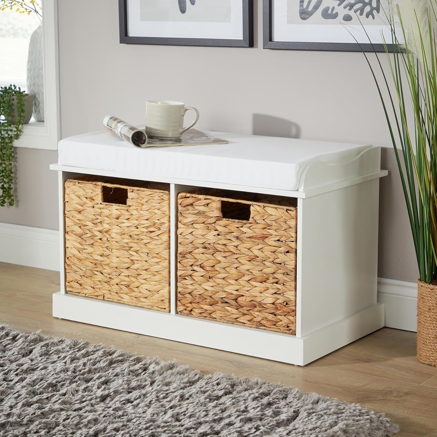 White Shoe Bench with Cushion & 2 Basket Drawers Hallway Storage 75x40x46cm