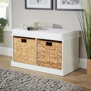 White Shoe Bench with Cushion & 2 Basket Drawers Hallway Storage 75x40x46cm