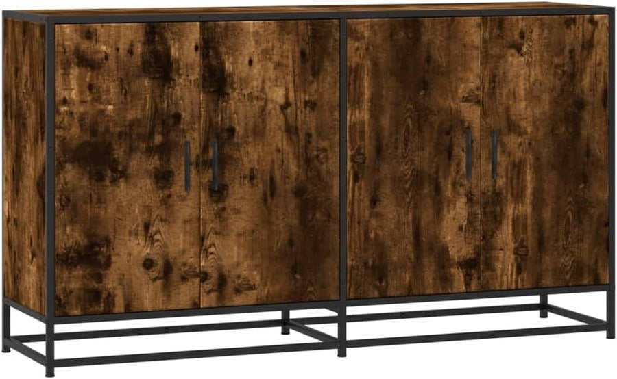 Industrial Sideboard Storage Cabinet Smoked Oak Metal Frame 4 Door Unit
