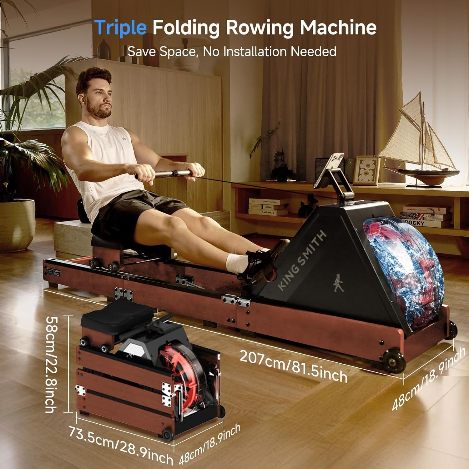 Triple-Fold Water Rowing Machine 6-Level Resistance LED App Rower 150KG Red Oak