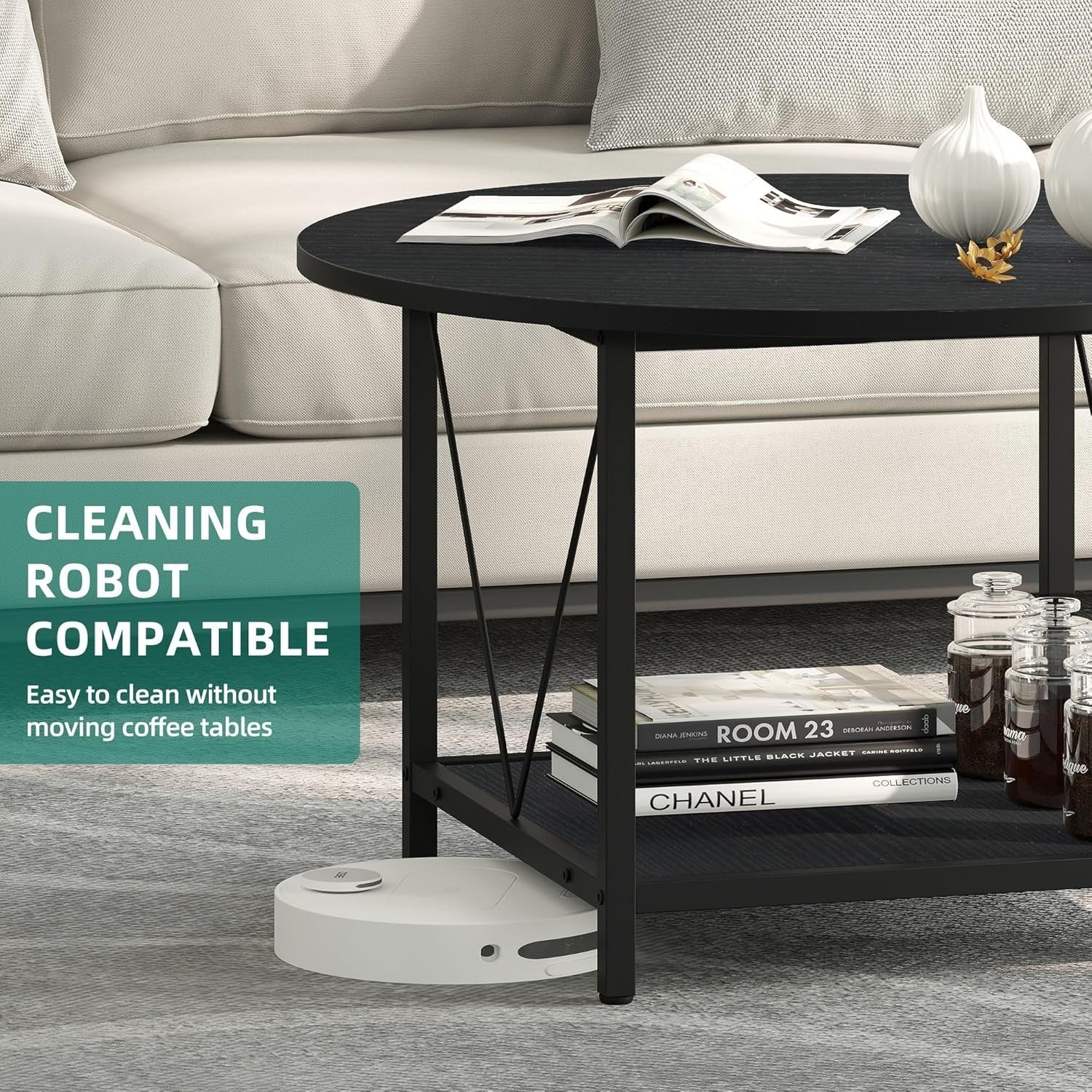 Round Coffee Table with Storage Shelf 80cm Industrial Rustic Metal Legs Black