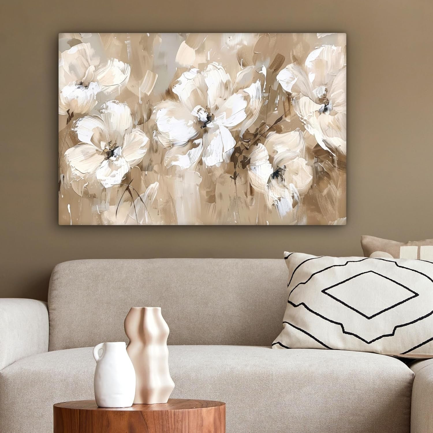Beige Floral Canvas Wall Art 60x40cm Framed Modern