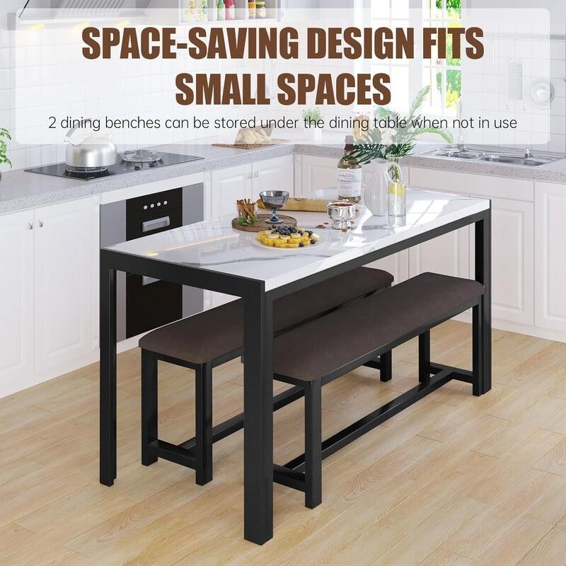 Faux Marble Dining Table Set with 2 Benches – Space Saving, 4 Seater