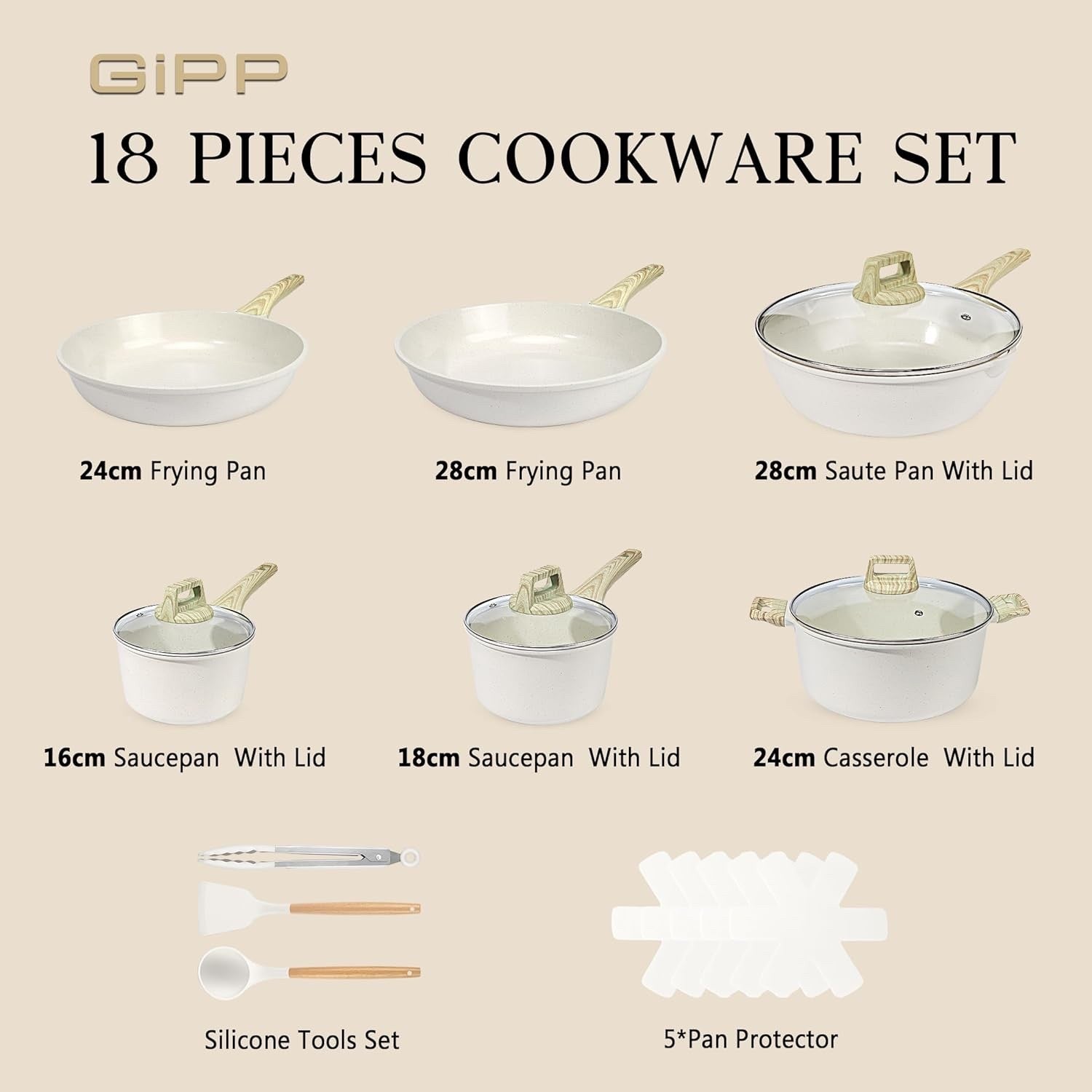 18Pcs Ceramic Non Stick Cookware Set PFAS-Free Induction Pots & Pans with Lids