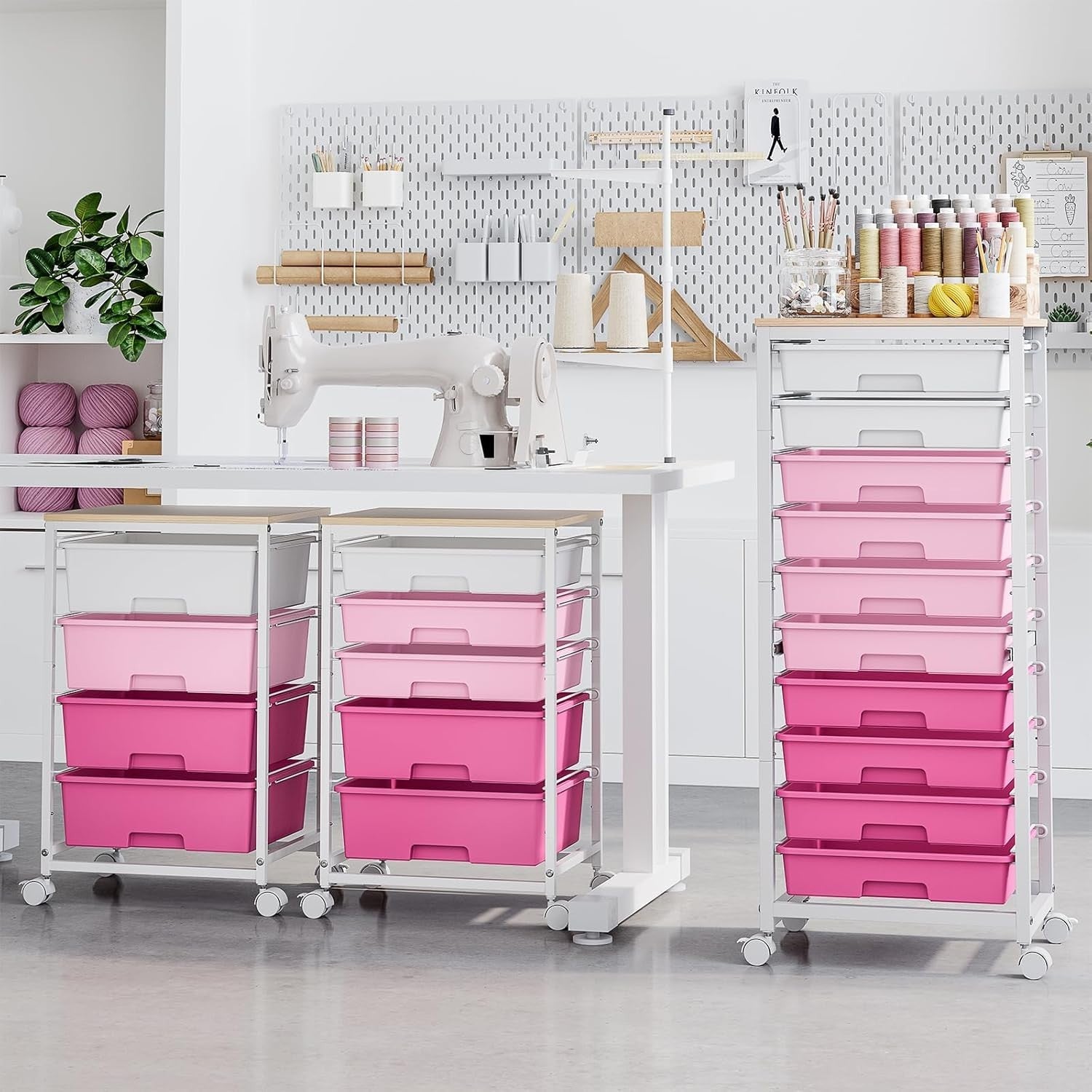 10 Drawer Storage Trolley Pink Craft Organizer Cart with Wheels