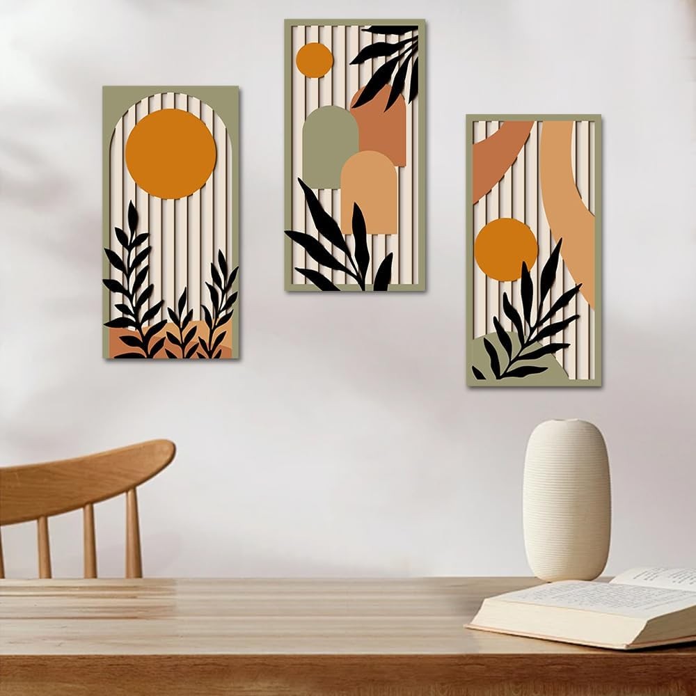 KiKiHong 3-Piece Wooden Abstract Botanical Wall Art for Living Room
