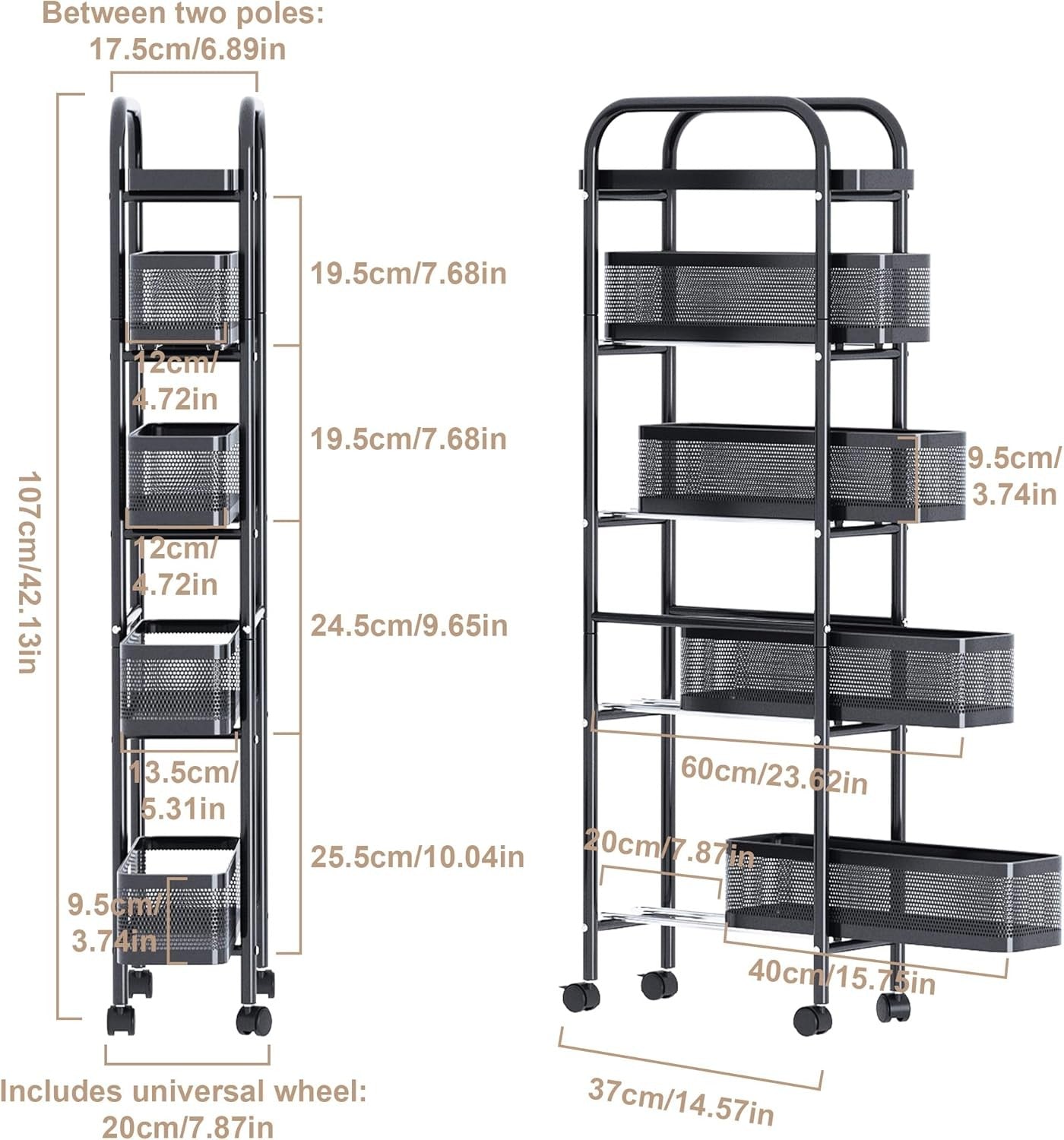 Slim Kitchen Storage Trolley 5 Tier Pull Out Drawers on Wheels Narrow Cart
