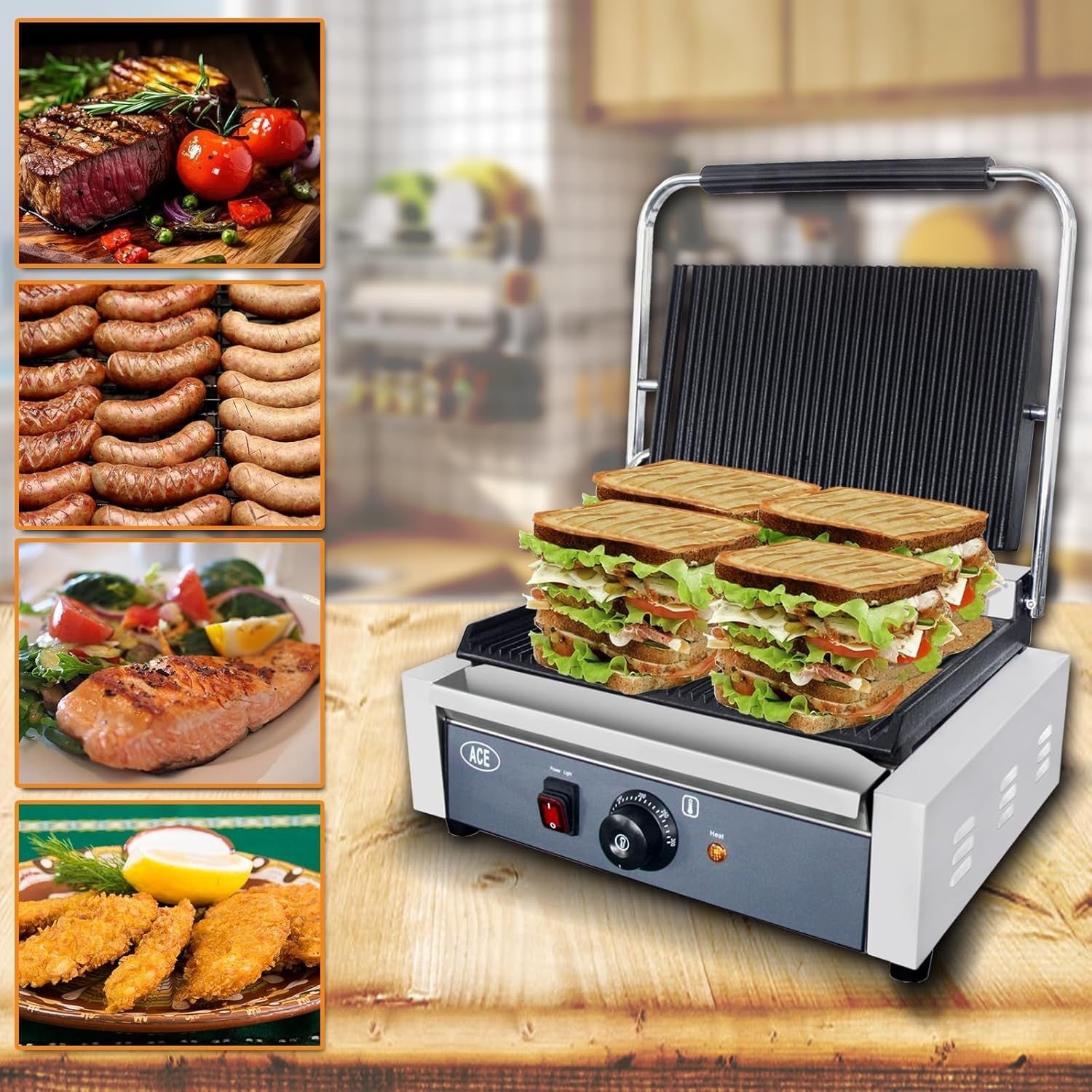 Commercial Panini Press 2200W 34x22cm Ribbed Grill Blue
