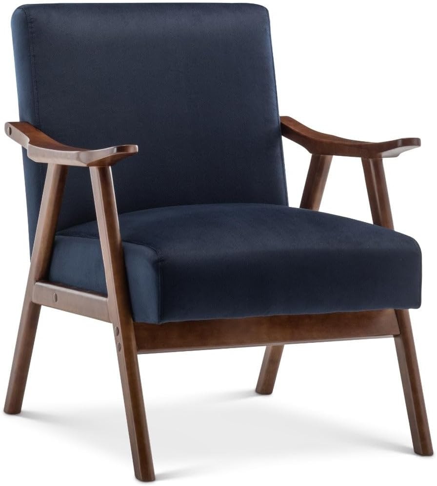Navy Blue Velvet Armchair Mid Century Modern Accent Chair Wood