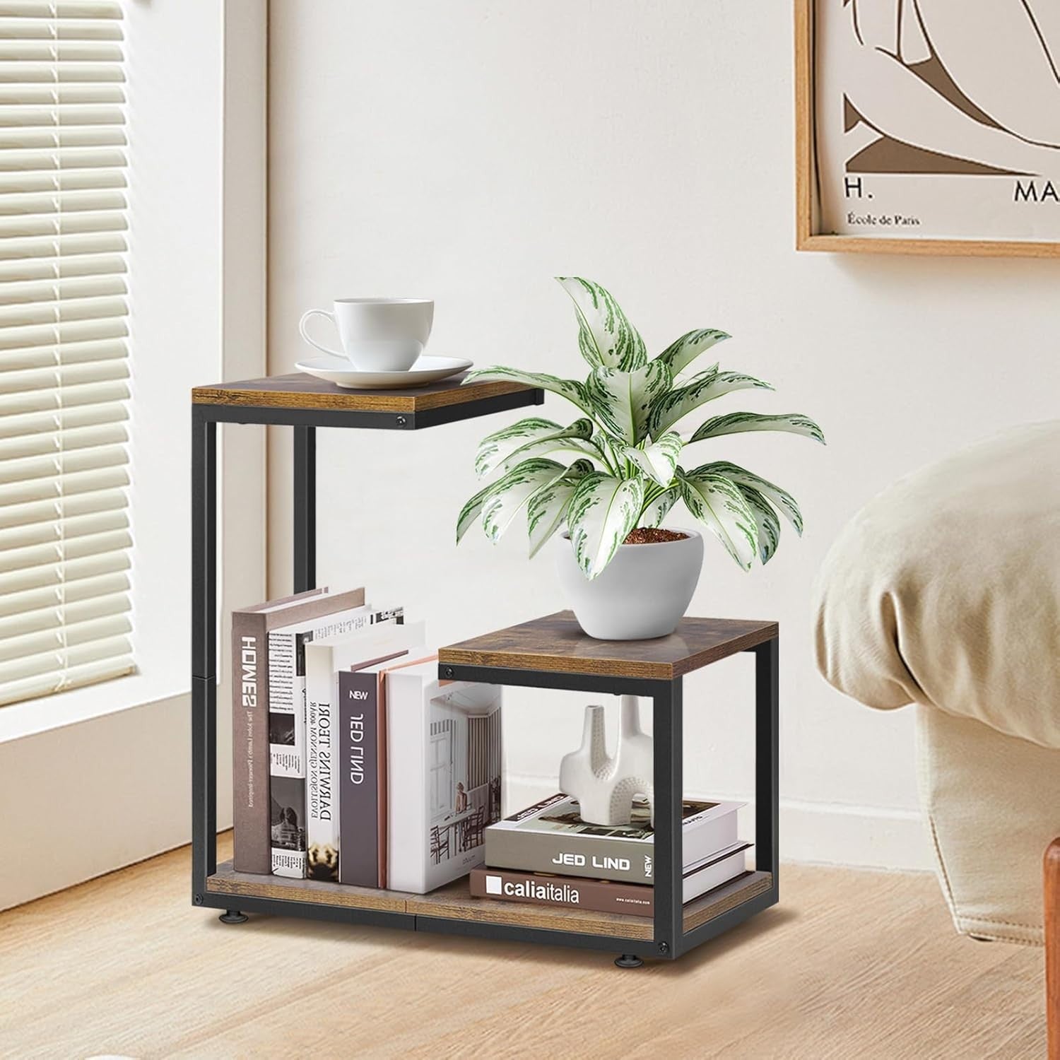 G-Shaped 3-Tier Side Table with Storage Metal Frame Rustic Brown Small Space