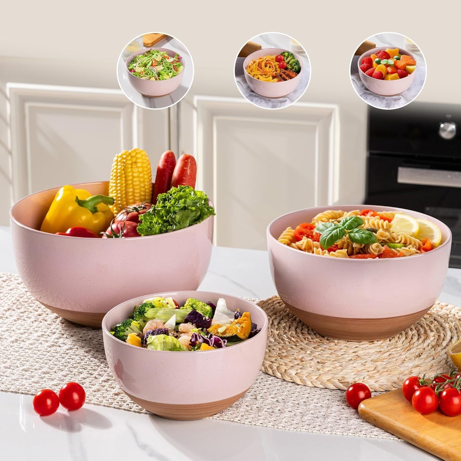 3-Piece Ceramic Mixing Bowls Set Nesting Kitchen Bowls 1.3-4.6 Qt