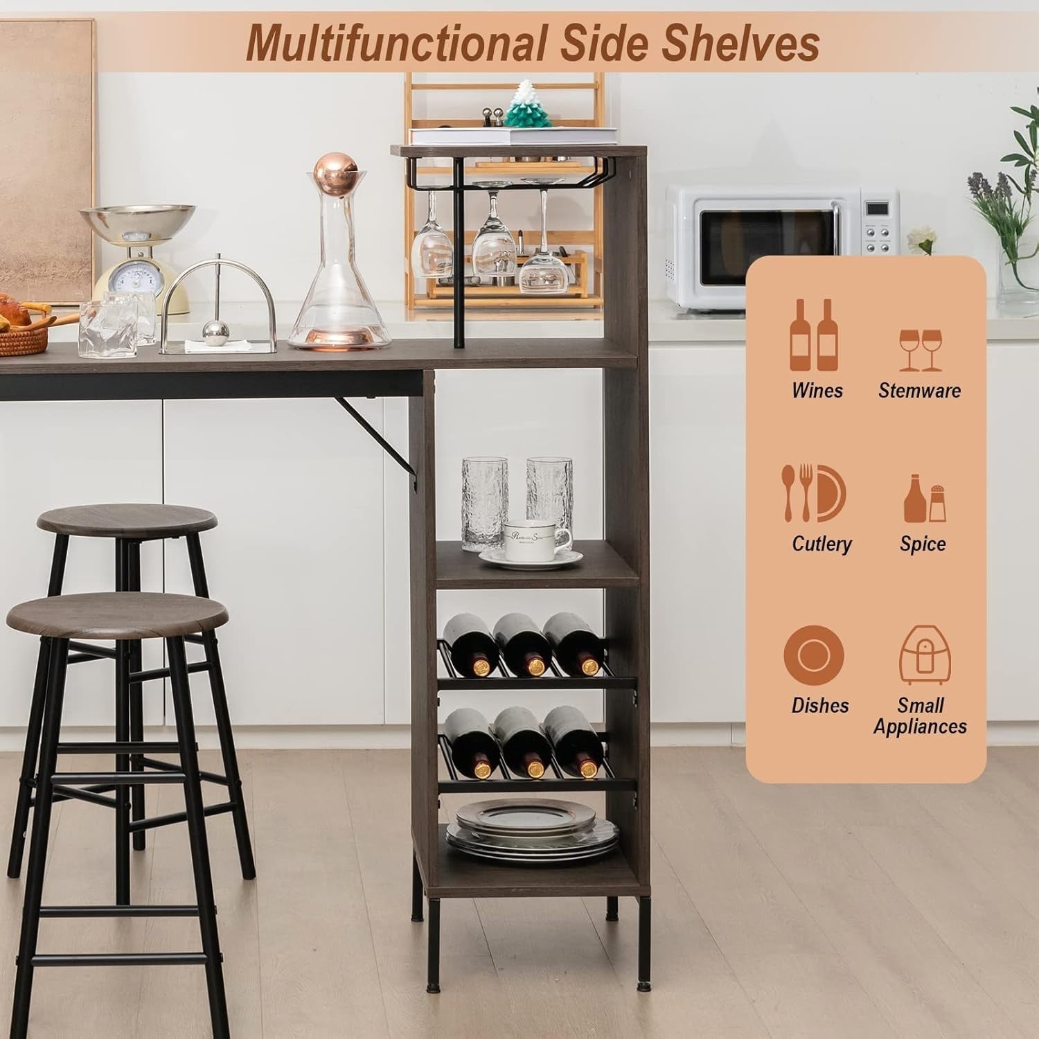 Brown Bar Table Set with Stools, Wine Rack, Glass Holders & Storage Shelves
