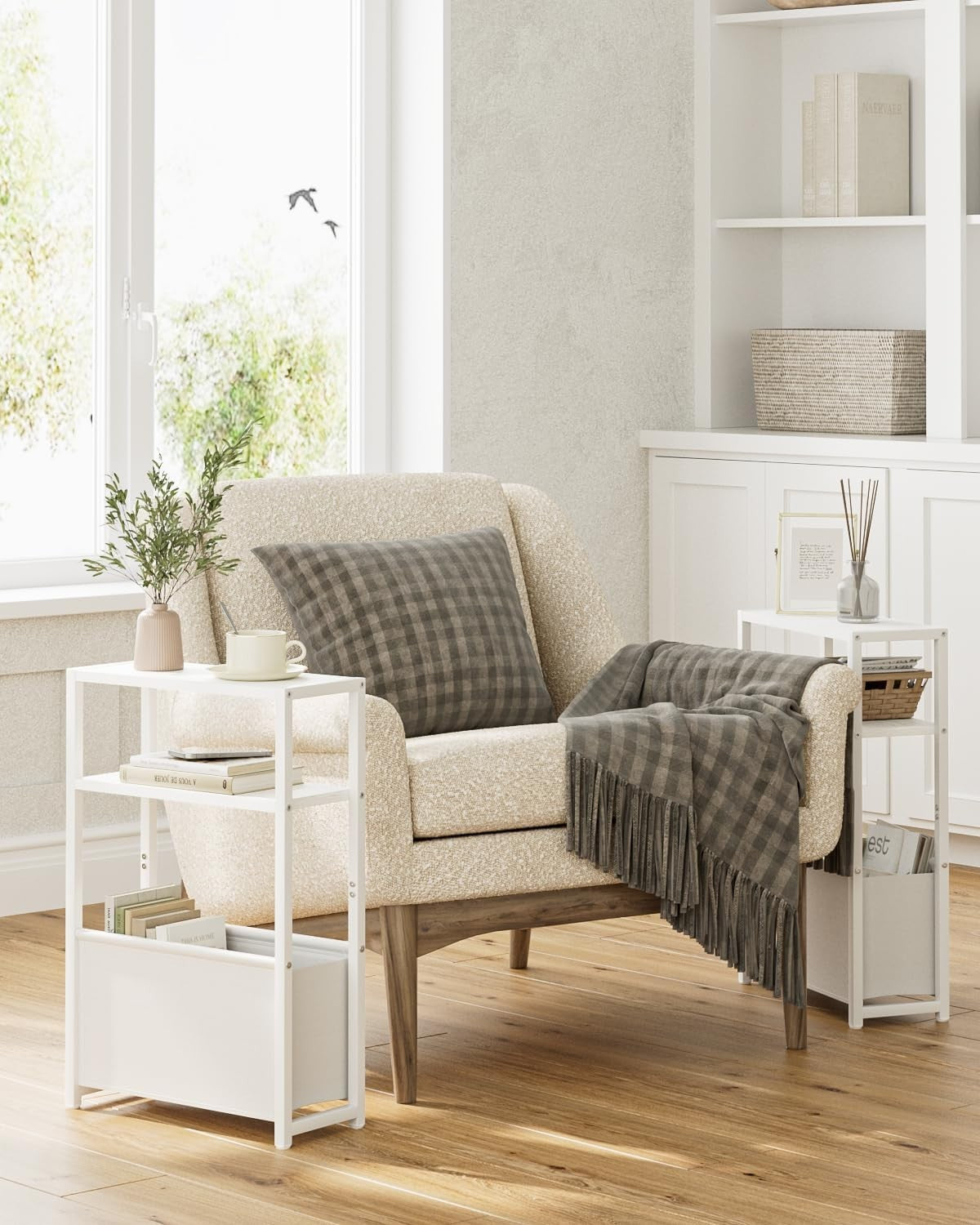 Slim White Side Table with Storage, Space-Saving Design for Small Spaces