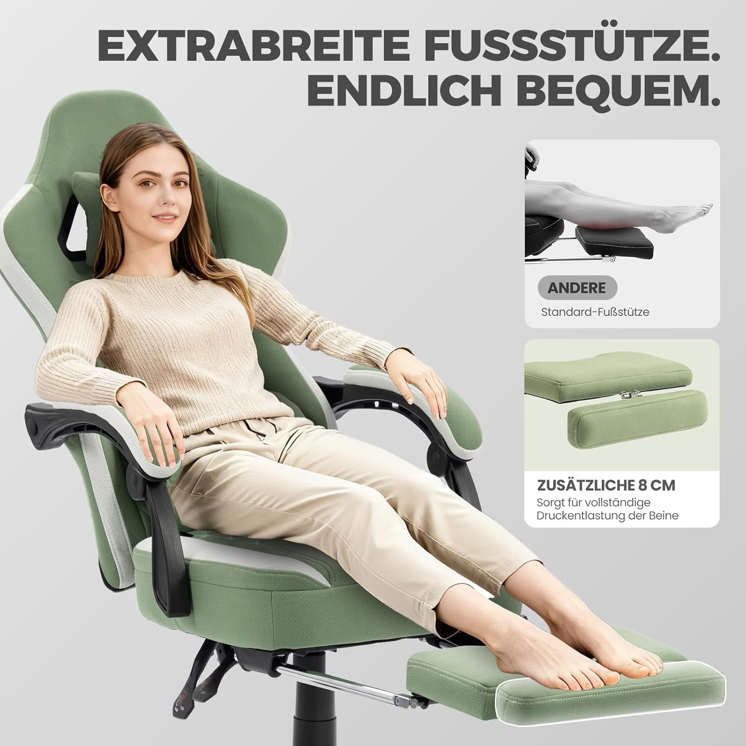 Massage Gaming Chair Fabric Recliner w/ Footrest 150kg Green