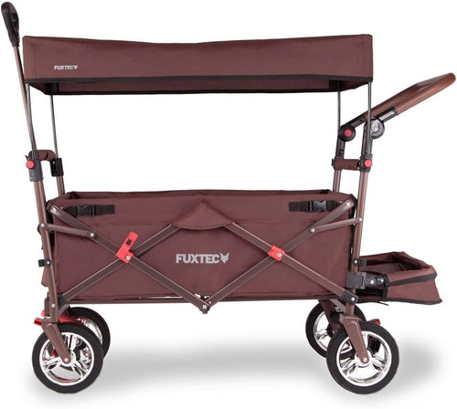 Brown Folding Kids Wagon w/ Roof Push Pull Cart Brakes Solid Wheels & Extension