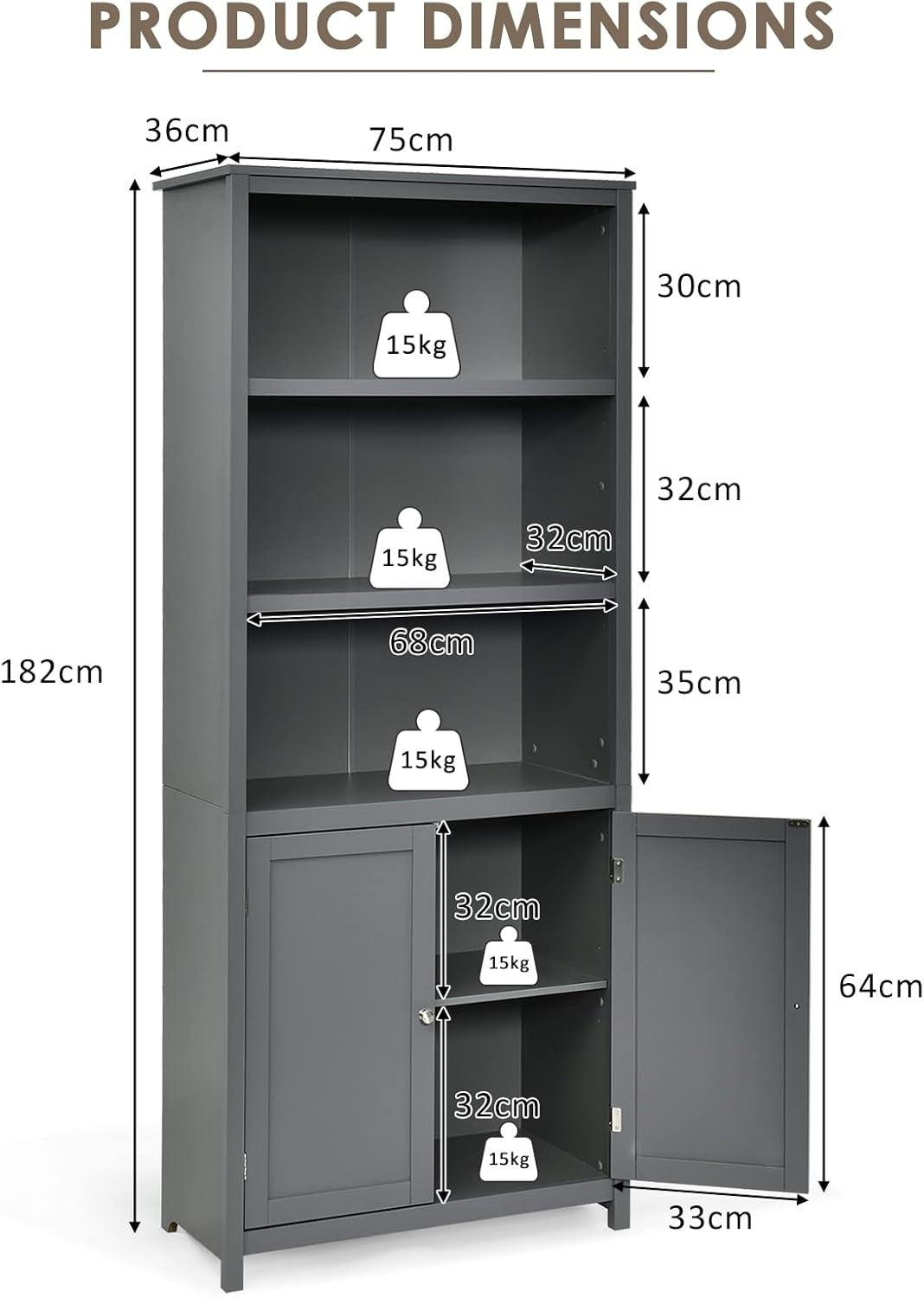 Grey 5-Tier Bookcase with Doors, Adjustable Shelves, Tall Freestanding Storage