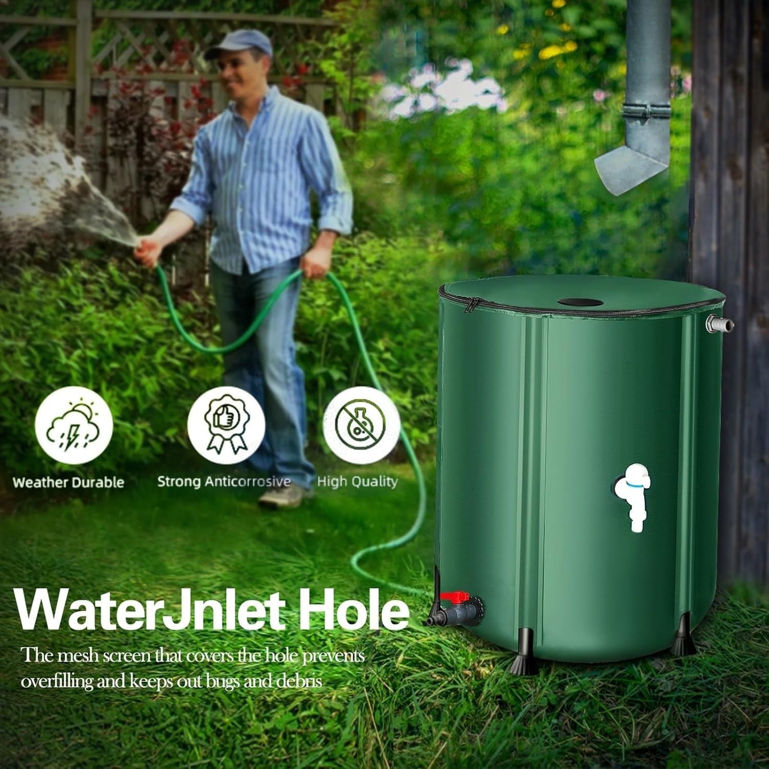 250L Collapsible Garden Water Butt, Portable Rainwater Barrel, Green