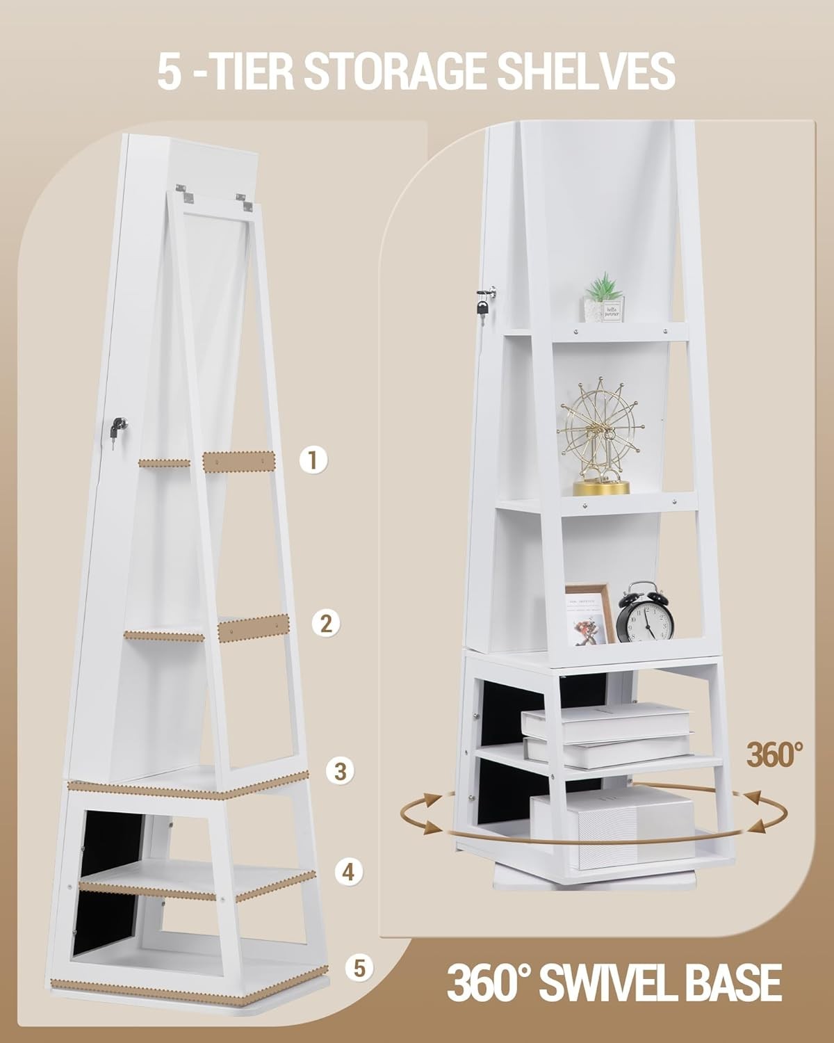 360° Rotating Mirror Jewelry Cabinet Lockable Full Length Storage