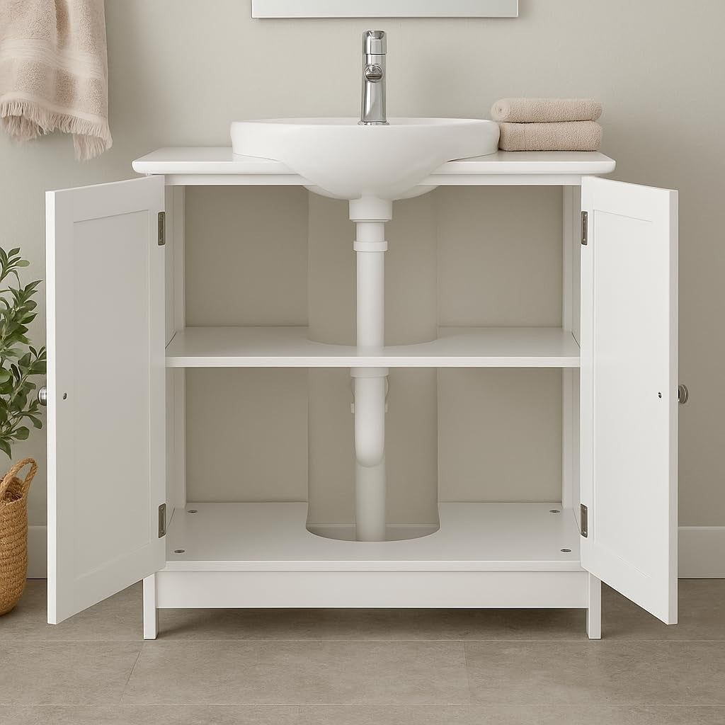 White Under Sink Bathroom Cabinet 60x30x60cm – 2 Doors, Shelf Storage
