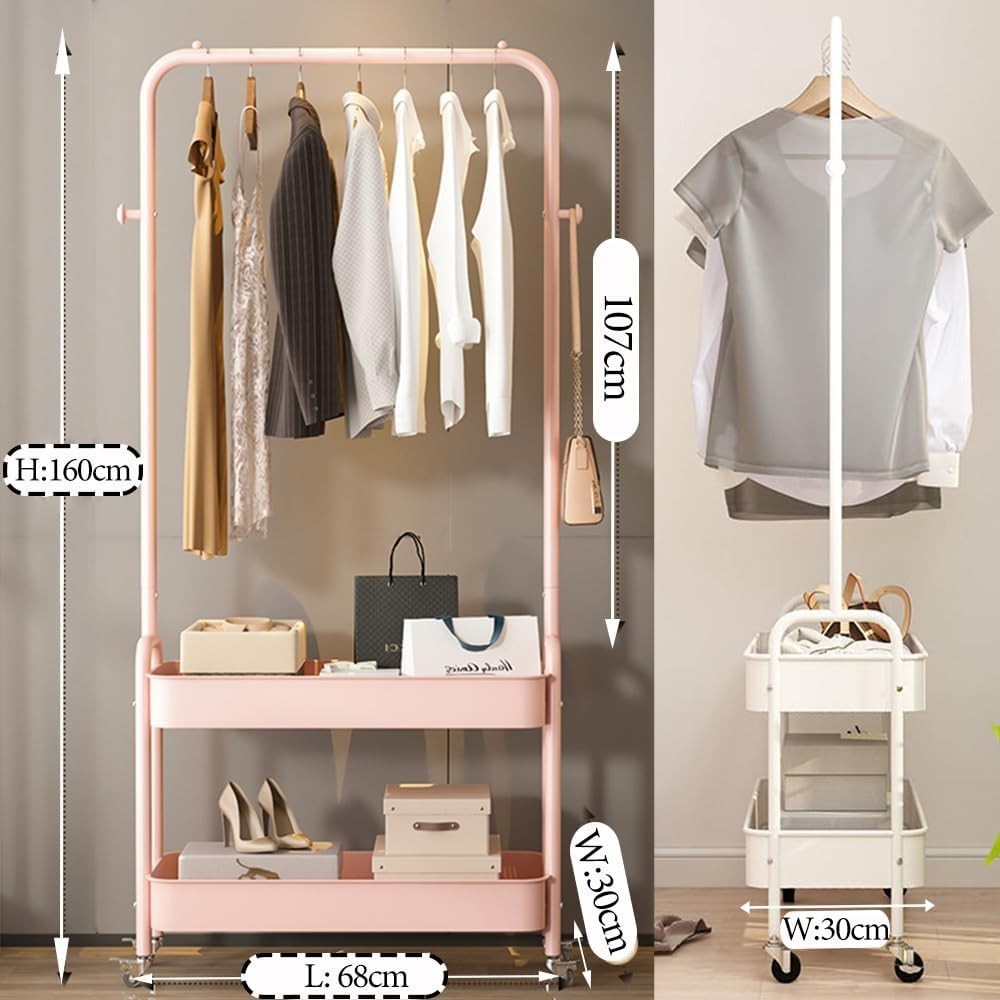 Heavy Duty Clothes Rack 2 Tier Shelves Metal Rail with Wheels Pink