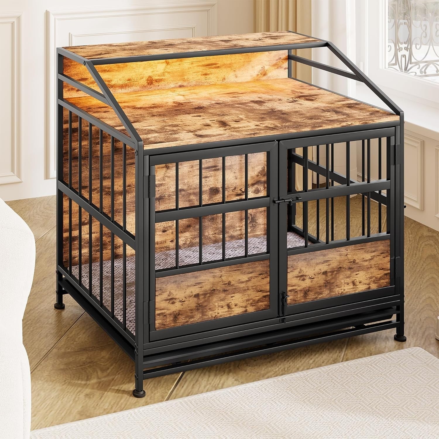 Rustic Dog Crate Furniture with LED Light & Removable Tray – Medium Size