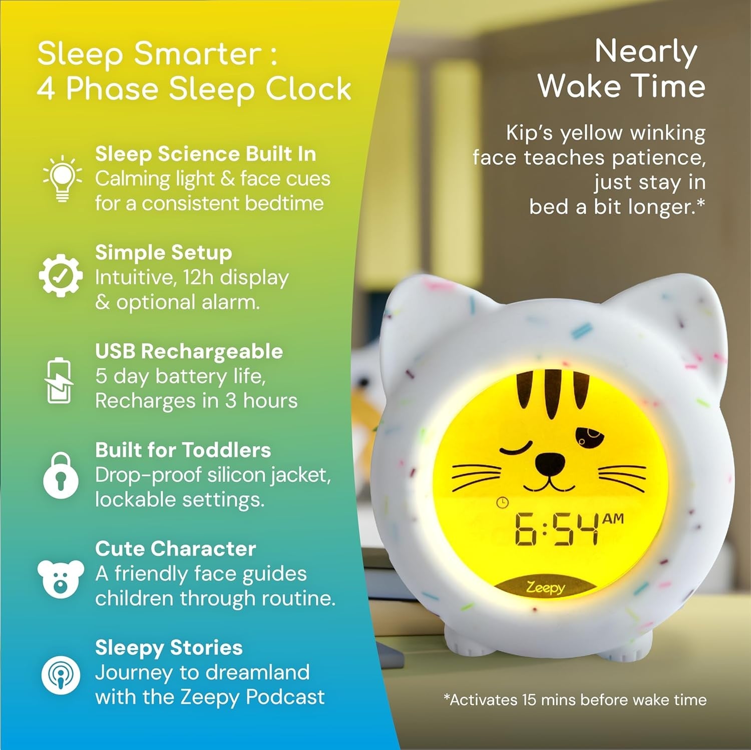 Kids Sleep Trainer Clock Night Light Alarm USB Rechargeable Drop Proof