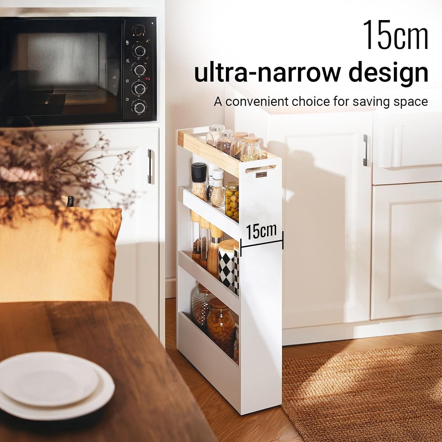 Slim Storage Trolley 15cm Narrow Rolling Cart Kitchen Bathroom 3 Tier
