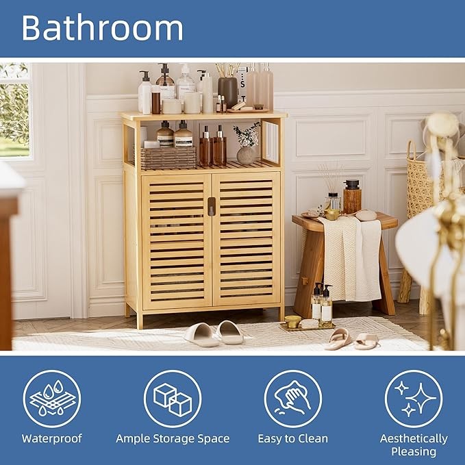 Natural Bamboo Storage Cabinet with Shutter Doors & Open Shelf 60x30x80cm