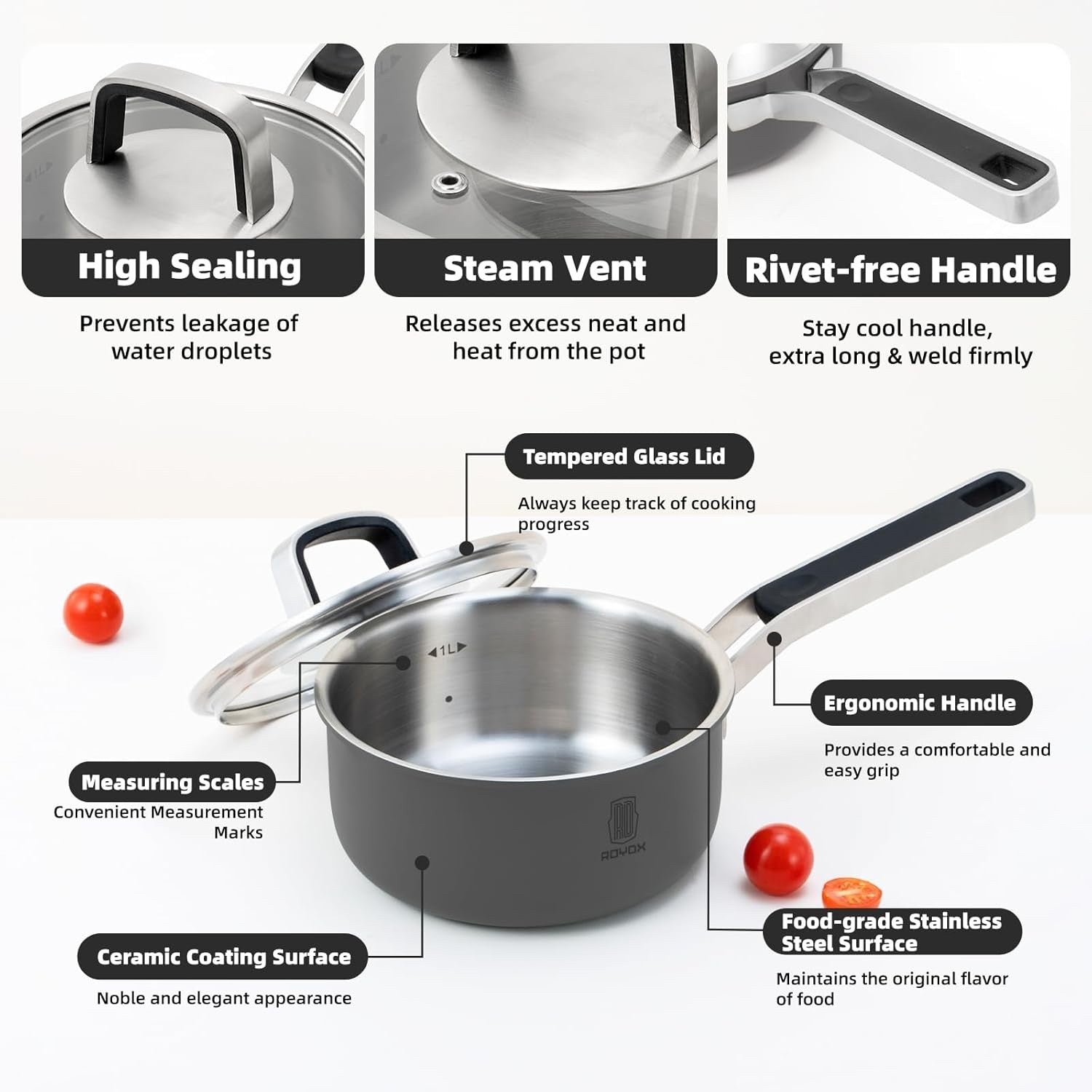 6Pcs Shadow Grey Stainless Steel Cookware Pot Set with Glass Lids Induction Safe