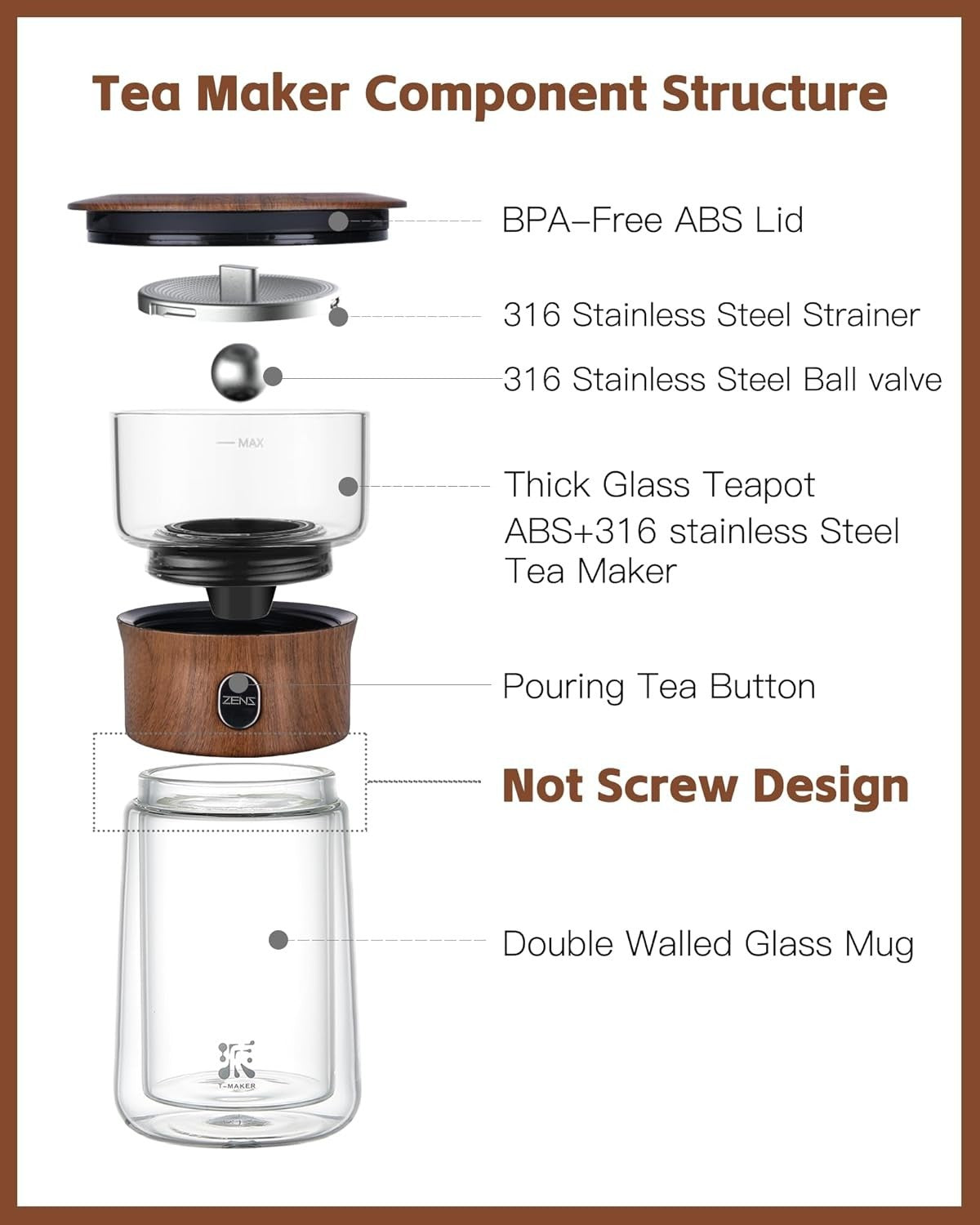Glass Tea Infuser Teapot 270ml One Touch Brewer Loose Leaf Tea Set