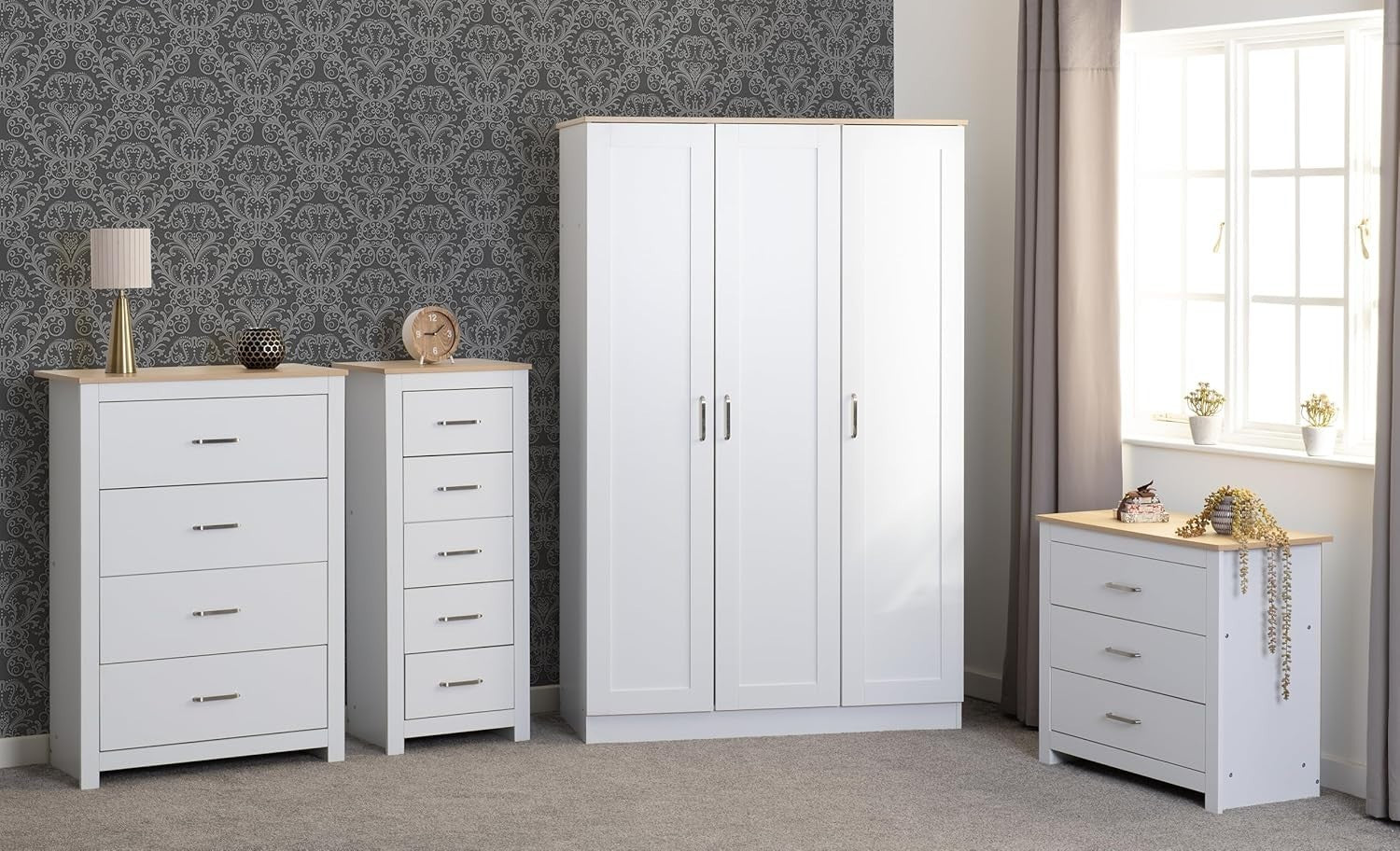 3 Door White Oak Wardrobe with Lockable Storage & Spacious Hanging Space