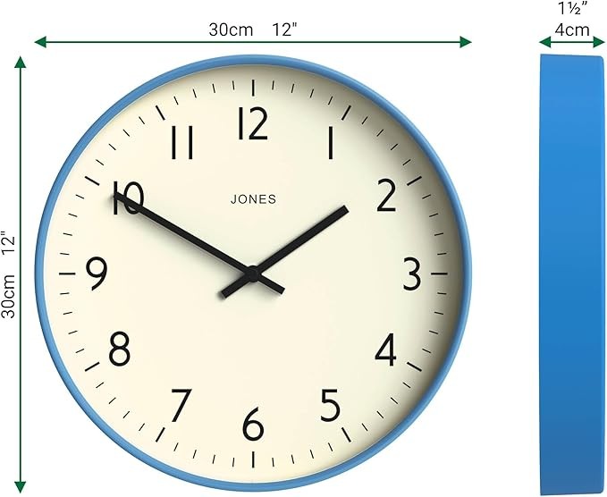 30cm Mid Blue Silent Wall Clock Modern Round Easy Read Home Office