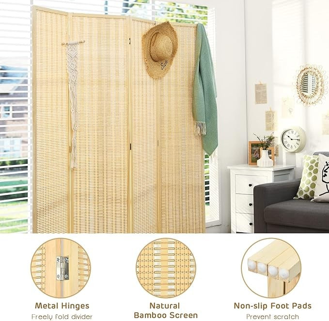 4 Panel Folding Bamboo Room Divider – Natural Privacy Screen for Bedroom