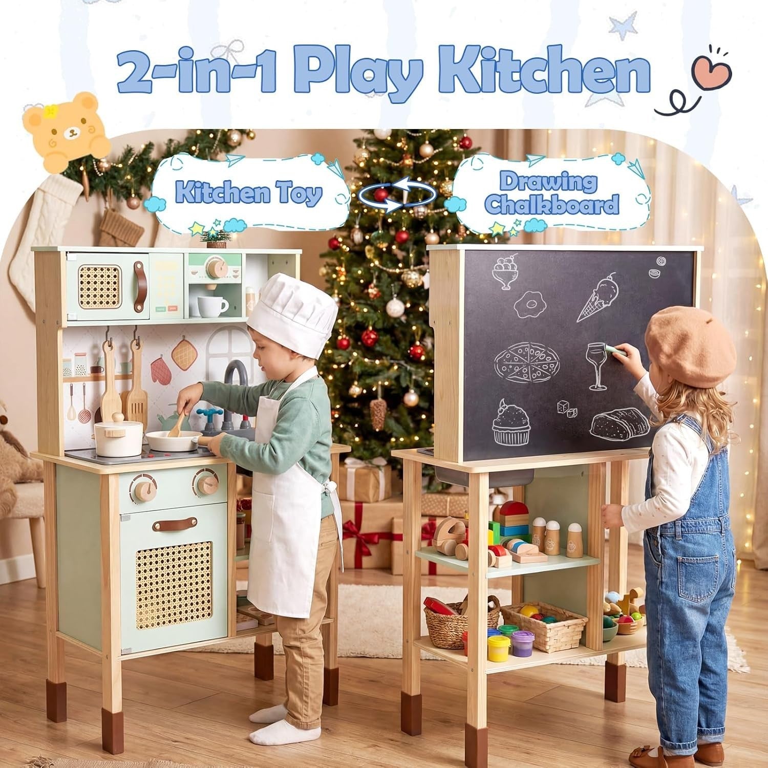 Wooden Kids Play Kitchen Green Toy Set Lights Sounds Blackboard
