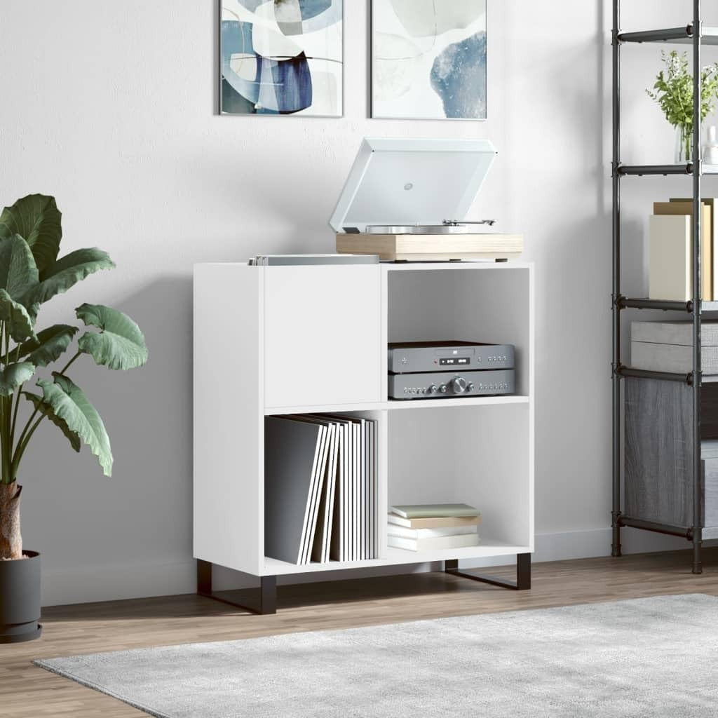 White Vinyl Record Cabinet with Storage – Modern LP Unit with Metal Legs