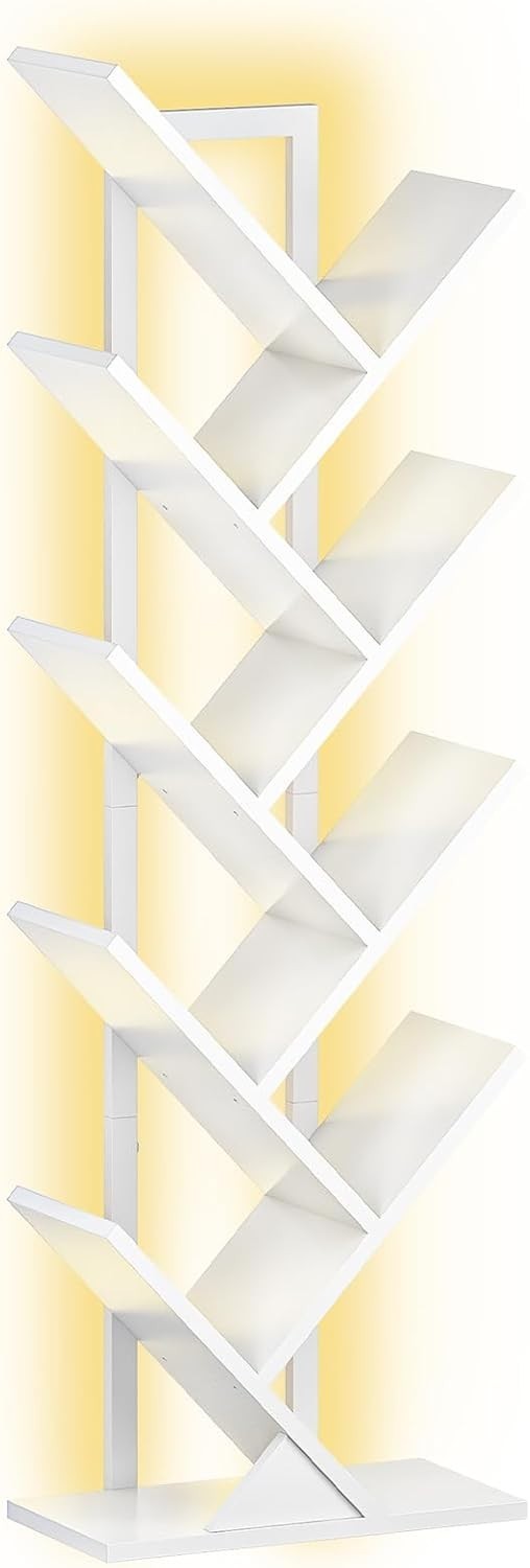 9 Tier Tree Bookshelf with LED Lights Modern Metal Frame Bookcase White