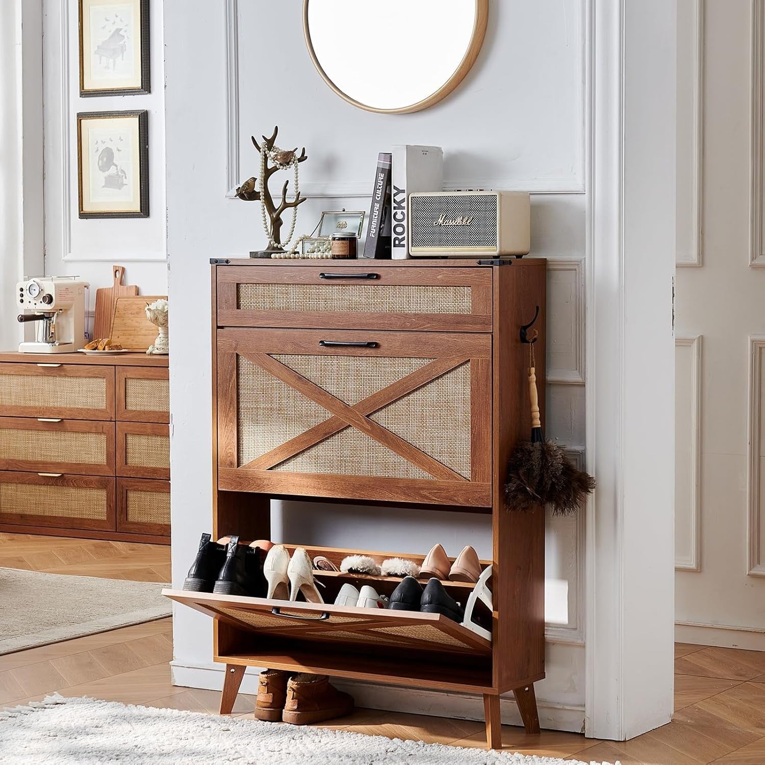 Narrow Shoe Cabinet with Rattan Flip Drawers, Large Storage for 16-20 Pairs