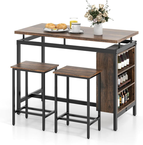 3PCS Brown+Black Dining Table Set with Stools, Space-Saving Bar Table Furniture