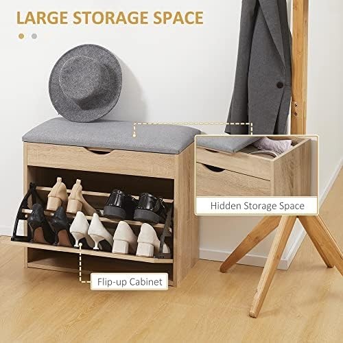 Natural Wood Shoe Storage Bench with Cushion Seat Flip-Up Cabinet & Hidden Space
