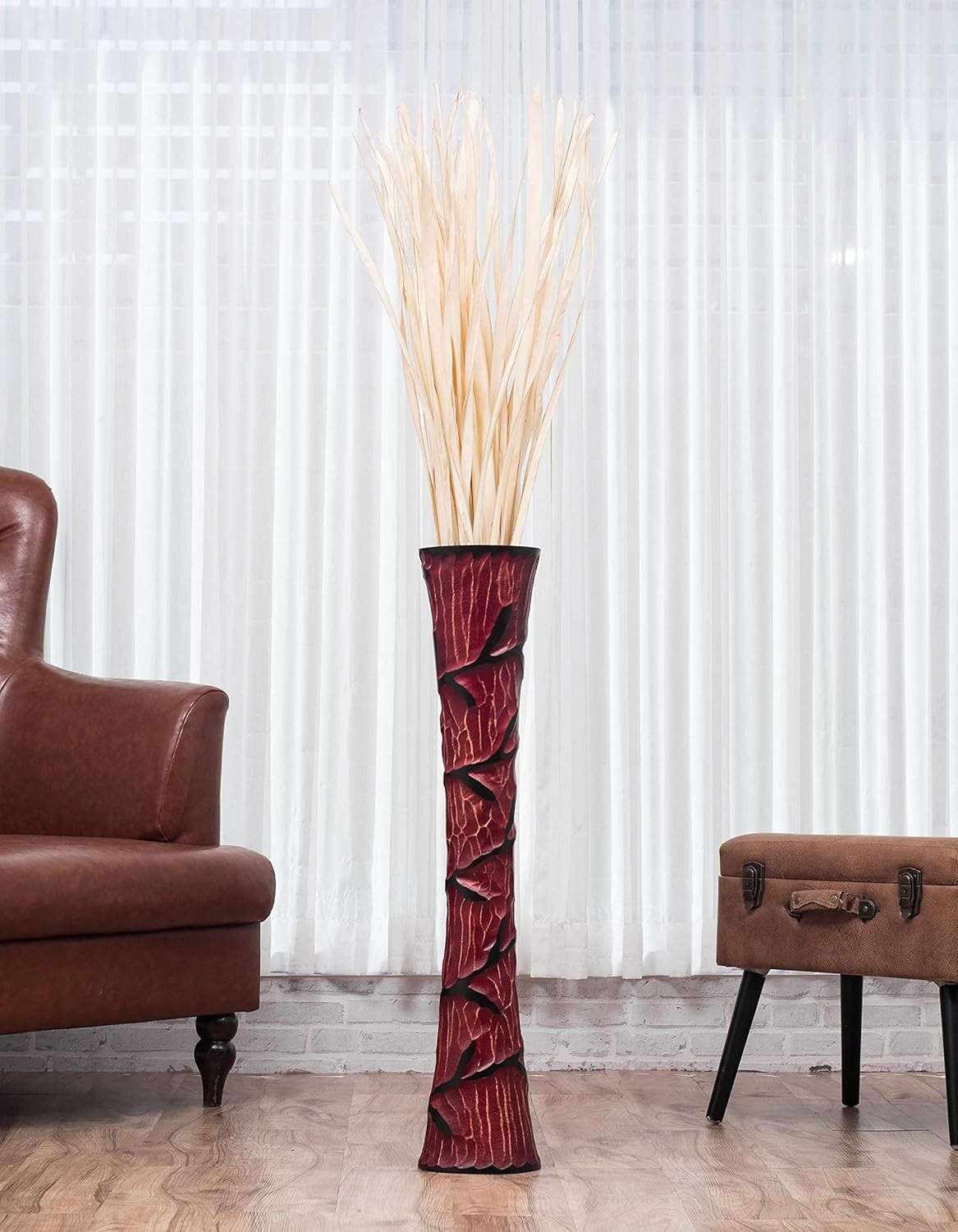 Tall Red Wooden Floor Vase 85cm Farmhouse Decor Pampas Grass Stand