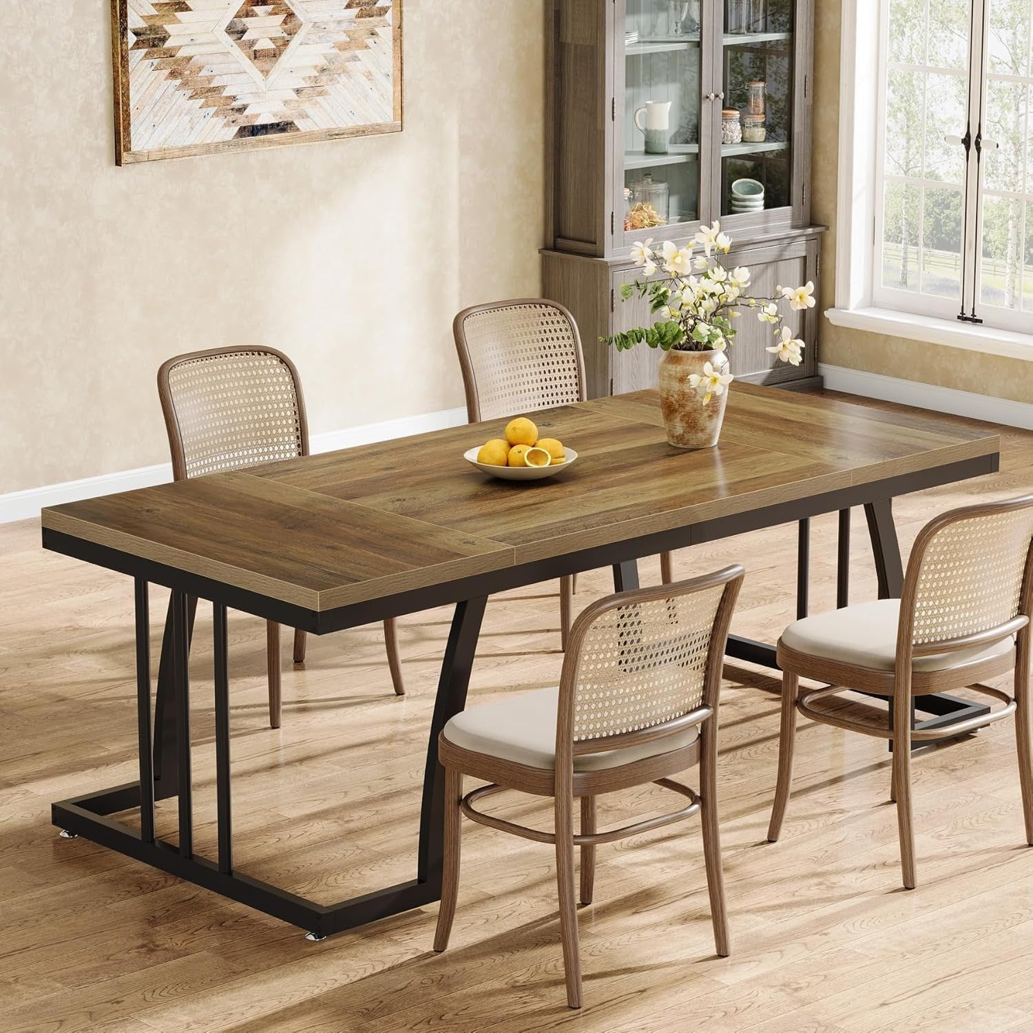 Rustic Dining Table Wood Metal Frame 6 Seater Kitchen Table Sturdy
