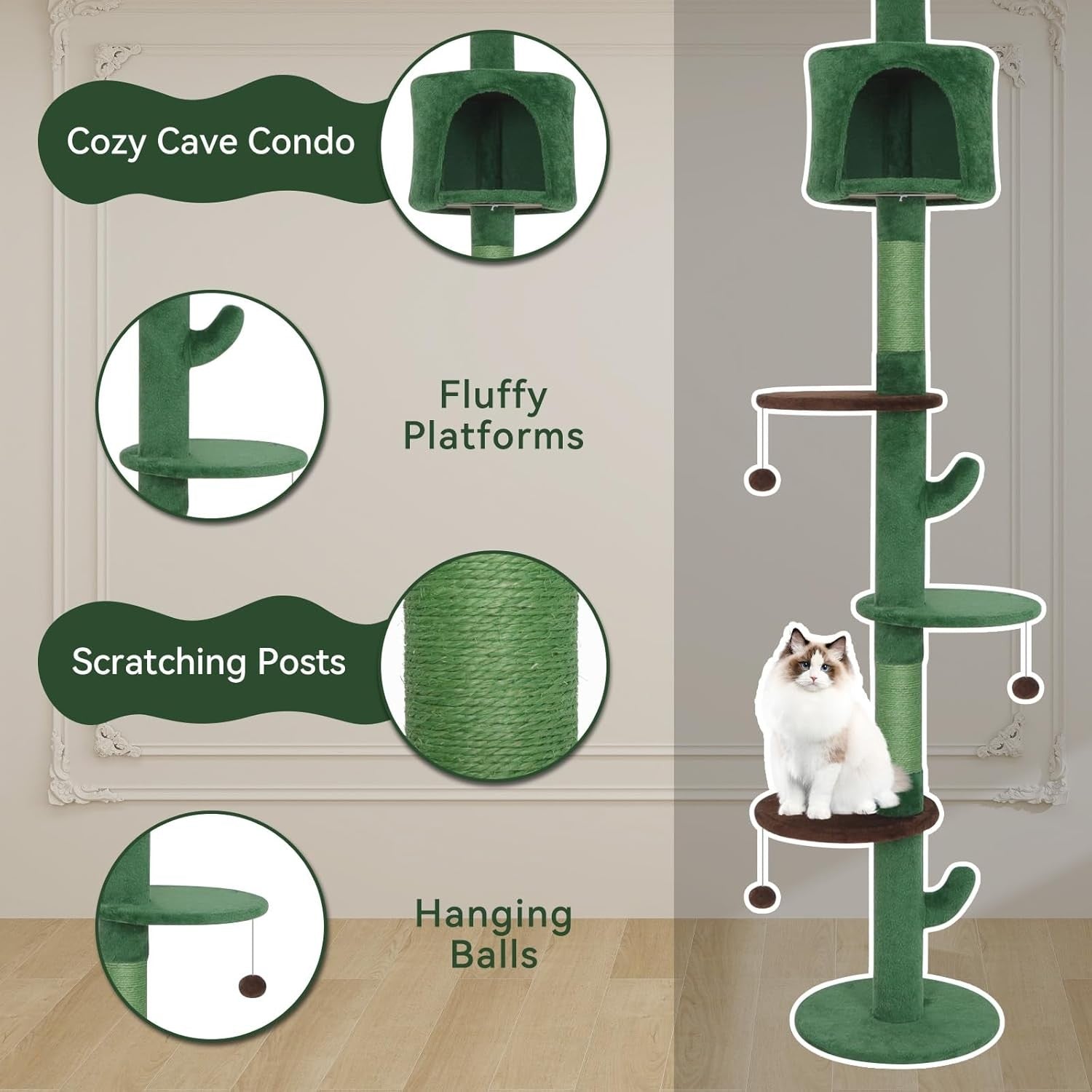 Floor to Ceiling Cat Tree 260cm Tall Tower Scratching Post Condo