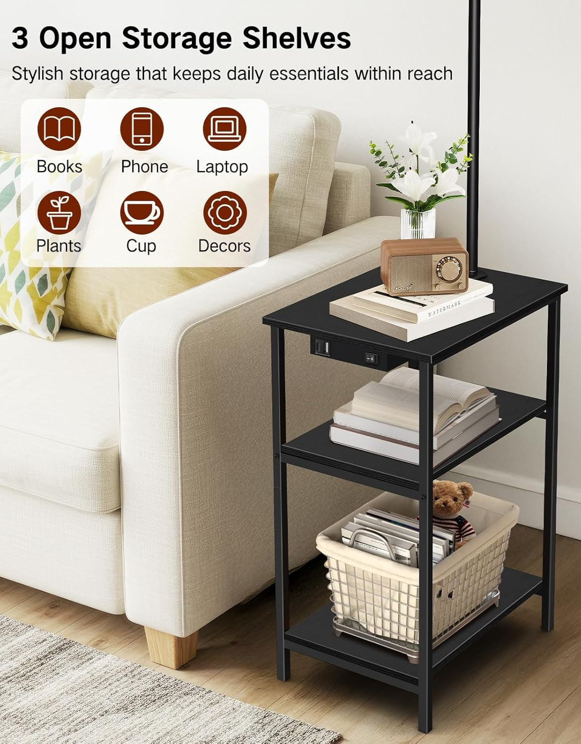 Floor Lamp with Table & Remote, Dimmable LED, USB Charging, Black