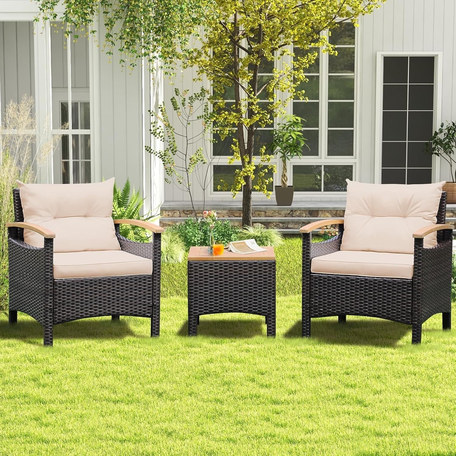 Outdoor Rattan Bistro Set 3-Piece Patio Sofa Table & Chairs with Cushions