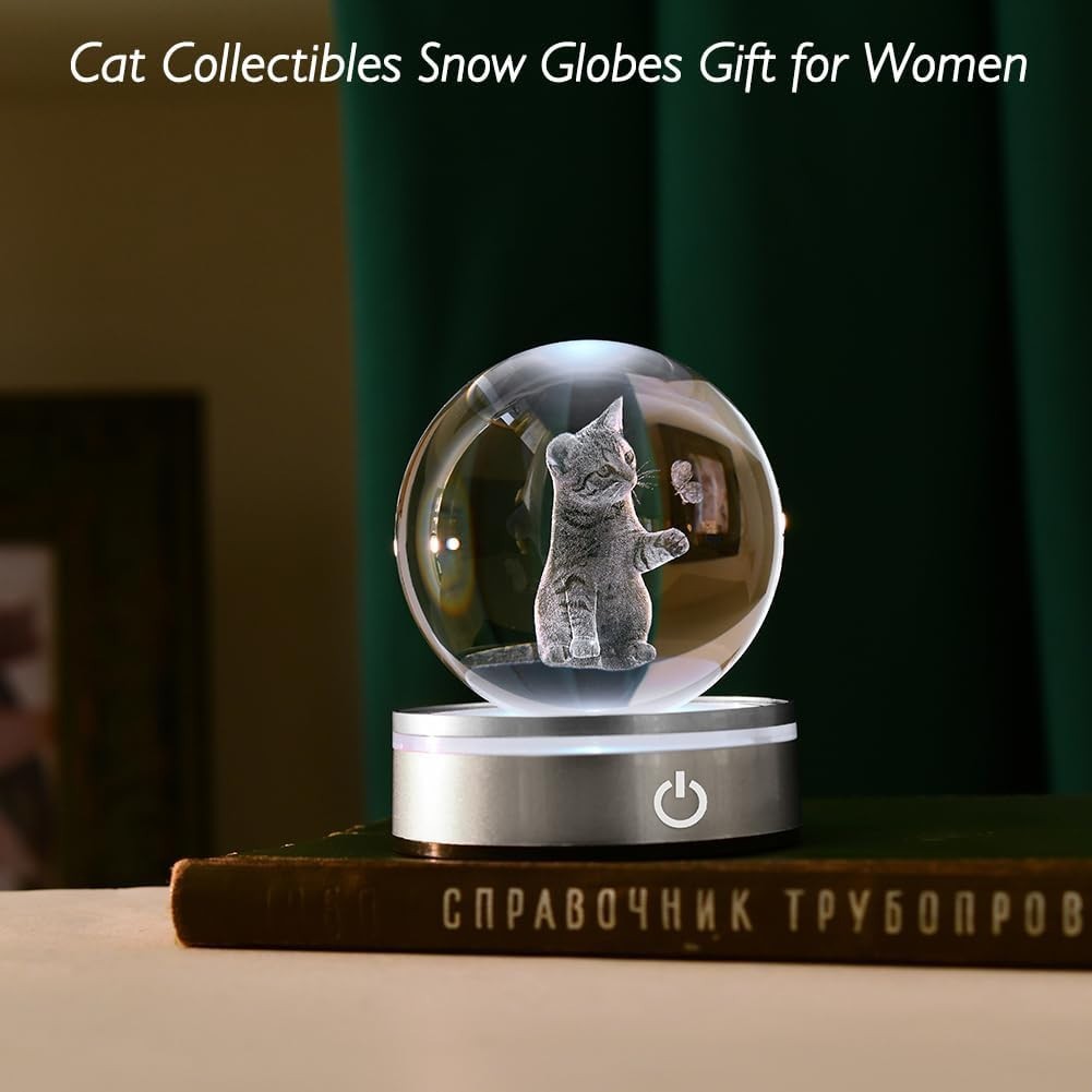 3D Cat Crystal Ball LED Light • Engraved Kitten with Butterfly Ornament