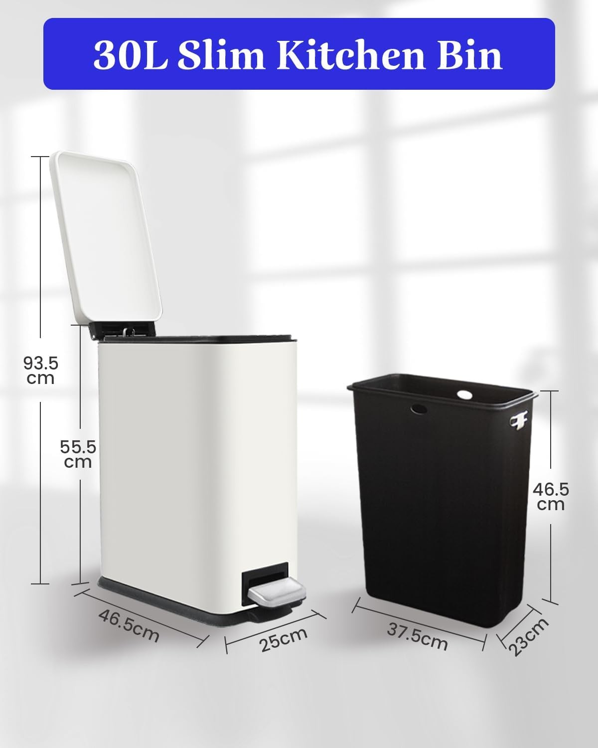 30L White Stainless Steel Pedal Bin Slim Kitchen Soft Close Lid