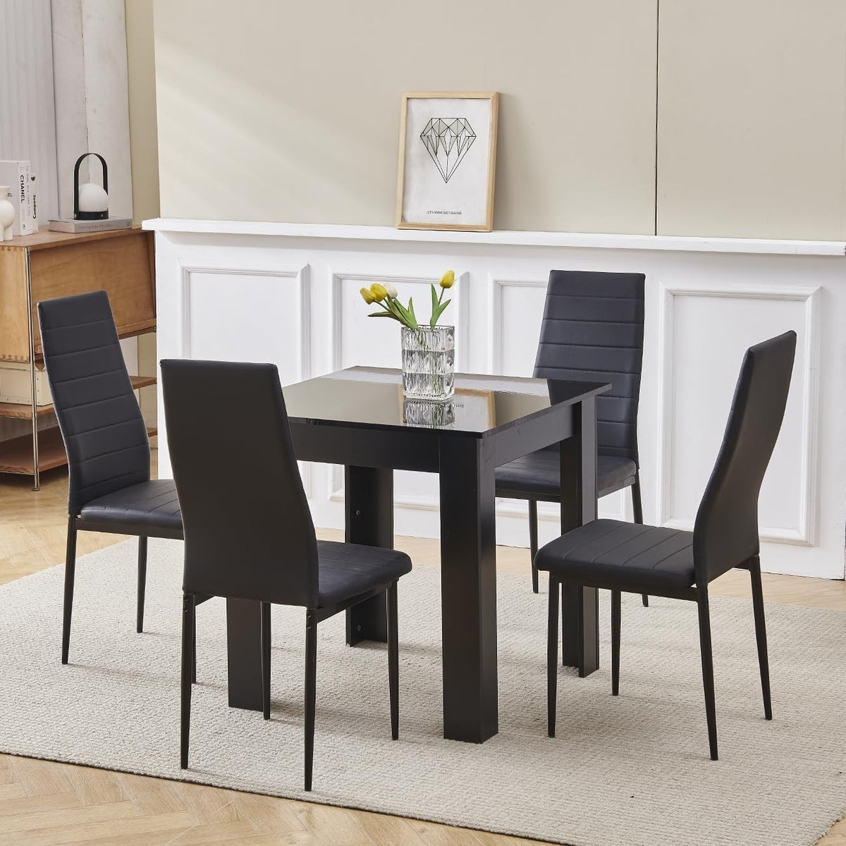 3 Piece Dining Table Set Black PU Chairs Small Space Kitchen Apartment