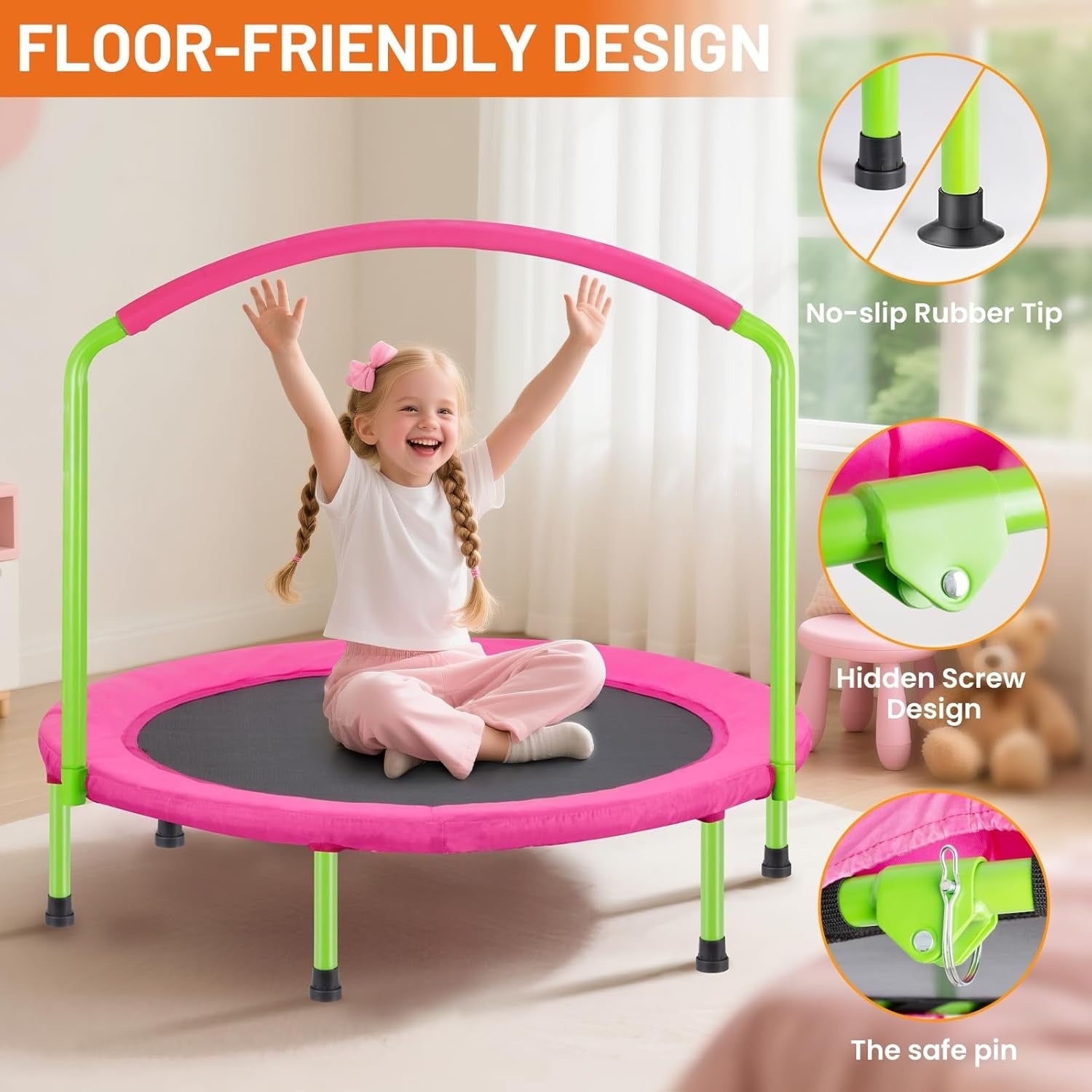 36” Pink Toddler Rebounder Trampoline Foldable Quiet Indoor Outdoor