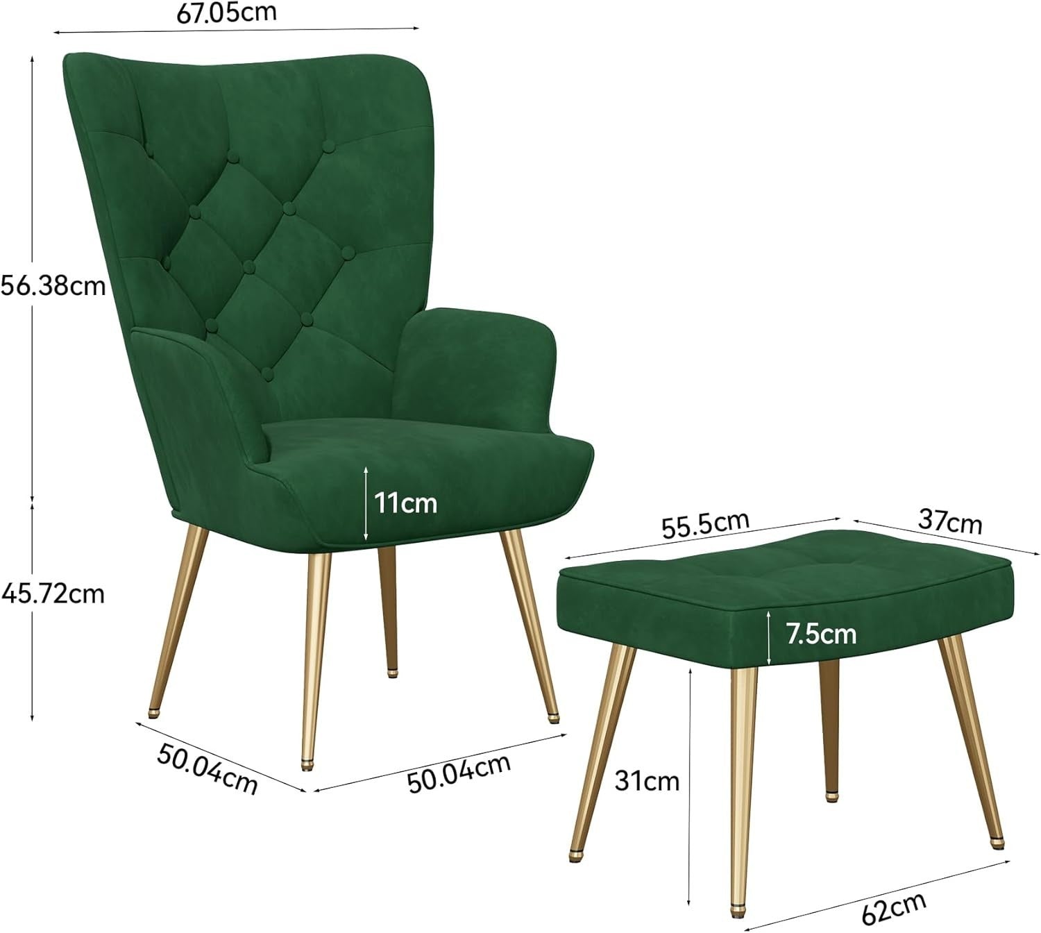 Velvet Wingback Chair & Footstool Set High Back Gold Legs Lounge Green