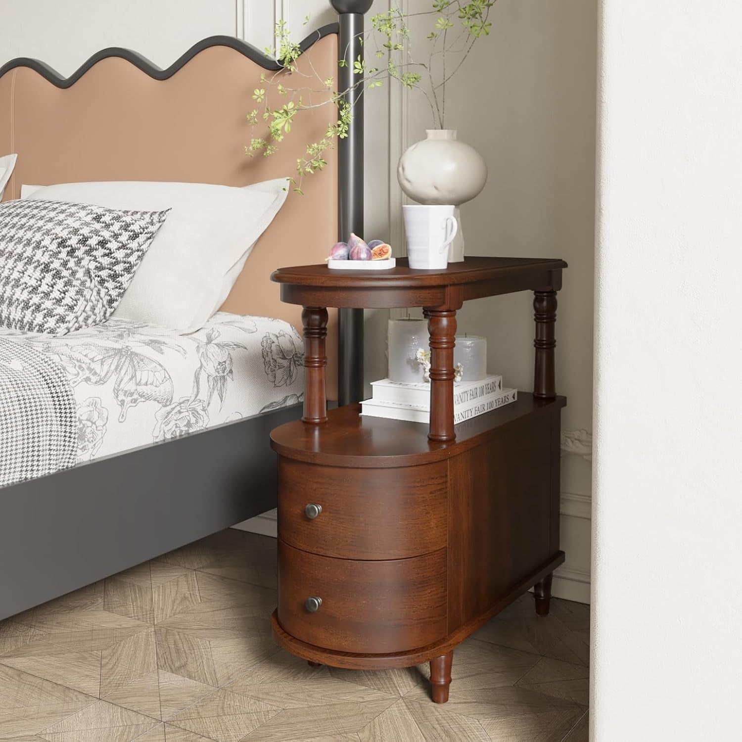 Solid Wood End Table with Drawers & Shelf – Cherry Walnut Side Table
